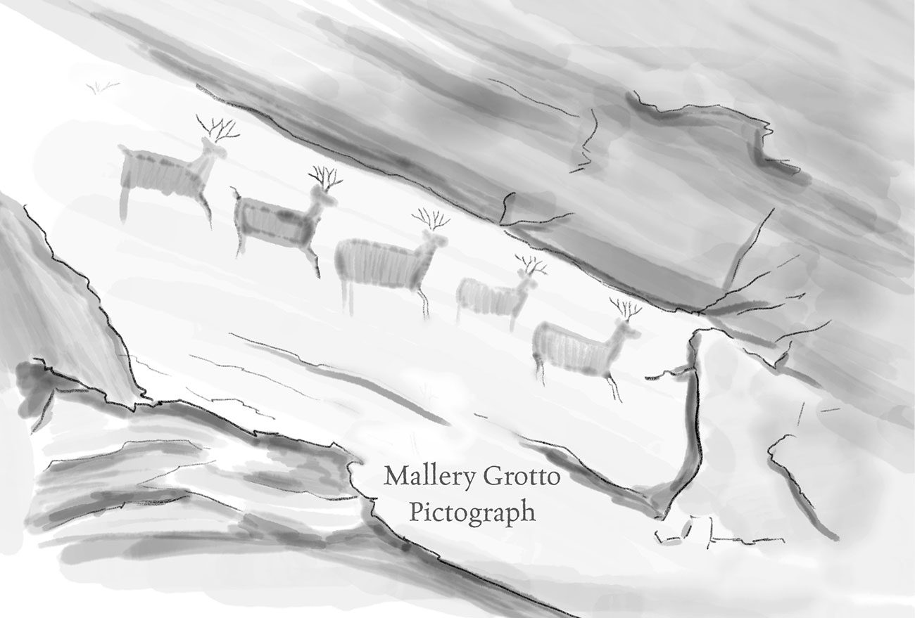 mallery grotto pictograph in grand canyon with five running deer